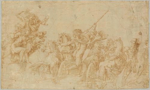 Circle of ROMANO, GIULIO (Rome 1499 - 1546 Mantua), The descent of Pluto into Hell. Brown pen and brush, on laid paper with cream coloured primer. Old canvas backing. 32.2 x 54 cm. Provenance: - August Grahl (1791-1868), Dresden, Lugt 1199 - Geneux collection (-1982), Geneva -  Hugues Fontanet collection, Geneva