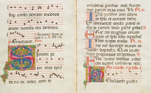 BOOK ILLUMINATION.-Italy, probably 14th century. Six sheets (three double-sided) from an antiphony with a six-line text in Latin recto and verso. With ‘horseshoe nail’ notes on four red lines, text in black and red. With numerous large and small initials in red and blue with filigree ornament. With a large ornamented initial S (imon ...) and two small initials N and E. Vellum, 50.5 x 73.5 (each double sided). The large initial: 12 x 11.5 cm, illuminated in colour and heightened with gold. The two small initials: each 7.5 x 7.5 cm, also illuminated in colour and heightened with gold. Two double sheets in gold frames, one double sheet unframed. Good condition.
