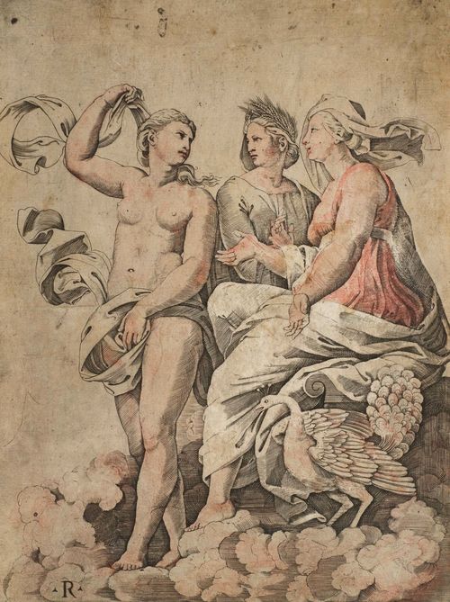 DENTE, MARCO (Ravenna, circa 1493 - 1527 Rome).Venus seeks counsel from Juno and Ceres, circa 1518/19. Copper engraving, 25.9 x 19.6 cm. On laid paper with watermark. Lily and crossed halberds in a coat of arms. Bartsch XIV, p.247, 327. – The left margin slightly cut (ca. 0.4 cm). The sheet partially coloured. Some foxing in parts, with small areas of rubbing. Otherwise fine overall impression. Rare. – From the Collection of Conrad Baumann v. Tischendorf (2nd half of the 19th century).