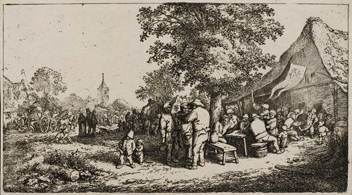 OSTADE, ADRIEN VAN (1610 Haarlem 1685).The feast under the large tree, circa 1652. Etching, 12.6 x 22.7 cm. Bartsch 48; Godefroy 48, probably III (of IV). – Very fine, dark impression with fine margin around the plate edge. Verso two unidentified collectors’ stamps. – In addition: 1 the same artist. Der Leiermann, 1647. Etching, 11.1 x 9.4 cm. Bartsch 8; Hollstein IV/V (of V). – Very good condition. 2. The same artist. Der Brillenverkäufer, circa 1646. Etching, 10.5 x 9.2 cm. Bartsch 29; Godefroy 29 V (of V). Very good condition. - Provenance: From the collection of  Conrad Baumann v. Tischendorf (2nd half of the 19th century).