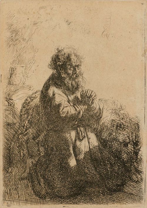 REMBRANDT, HARMENSZ VAN RIJN (Leiden 1606 - 1669 Amsterdam).Saint Hieronymus at prayer, 1635. Etching 11.5 x 8.1 cm. Bartsch 102; Nowell Eusticke 102 III (of III, ). – Excellent, strong, even and clear impression with fine margin around the plate edge. Minor browning and small thin patch on the outer right margin. Overall fine condition.