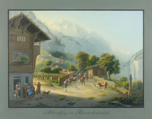 BERN - CANTON.-J.Schmidt, 1855. Alpaufzug im Berneroberland. Gouache, 33.5 x 47 cm. Black pen outer line, grey gouached margins. Entitled in the margin centre; signed and dated lower left. Gold frame. – In fine condition with fresh colours.