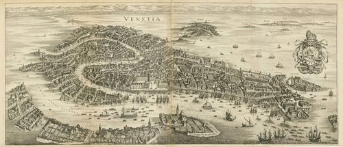 VENICE.-Matthäus Merian (1593-1650). Venetia, 1641. Copper engraving, 30,7 x 71 cm (printed from two plates). With engraved title and inscription within the image. – Small margin around the plate edge, light vertical creases, the vertical central fold slightly browned, minor browning in parts, scattered minor defects. Overall good condition.