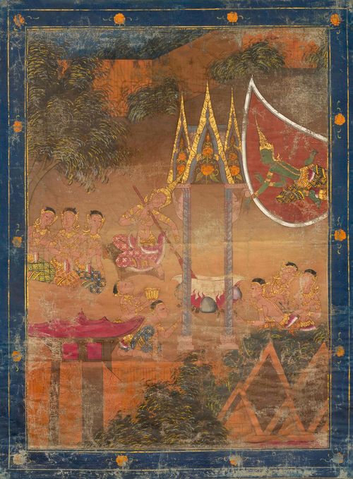 TWO JATAKA PAINTINGS ON CLOTH. Thailand, 19th c. 63x48 cm. Indra seasoning the rice for the buddha-to-be and one of the ten birth scenes.