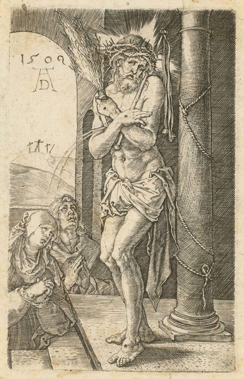 DÜRER, ALBRECHT (1471 Nuremberg 1528).Der Schmerzensmann an der Säule, 1509. (The Man of Sorrows at the Column).The title page of the Engraved Passion series. Copper engraving, 11.9 x 7.4 cm. Bartsch 3; Meder 3 probably d (of e, with faint scratch on the toes left, but without the vertical scratch on the doorway). Mostly clear impression with small margin around the plate edge. Fully backed with Japan paper. Attached at the top on backing board. Some minor foxing in parts, and with slight wear. One defect on upper right margin, reaching just as far as the image, a further defect on the lower right margin, also reaching as far as the image. Despite these issues, in overall good condition.