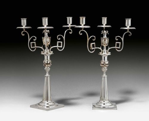 PAIR OF SILVER CANDELABRAS, Augsburg 1795-1797. Maker's mark Jeremias Balthasar Heckenauer. Stepped round foot on square plinth. Florally decorated drip pans. H 43 cm, total weight 2240g. Provenance: German private collection.