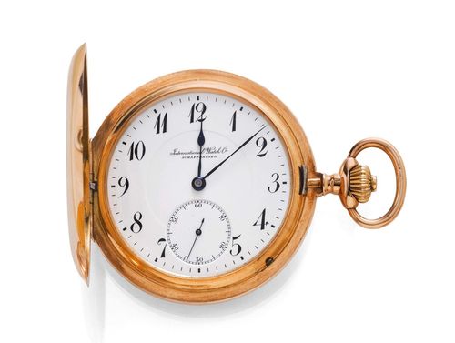 SAVONNETTE POCKET WATCH, IWC, ca. 1920. Pink gold 585. Case No. 551028, engine-turned on both sides. Enamelled dial with black Arabic numerals and blued hands, small second, outer minute division, signed. Lever escapement No. 503726, Cal. 53, with Breguet spring, bimetallic balance, swan neck regulator, 4 screwed chatons. D 53 mm. With excerpt from the archives, October 2007.
