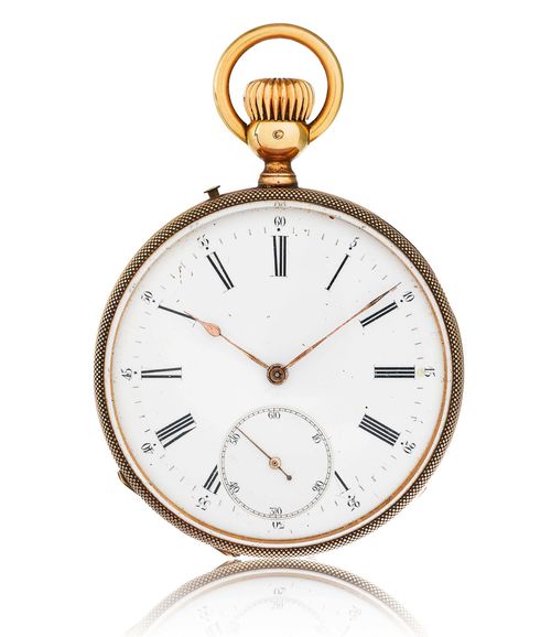 GIMILINI NANTES, GENTLEMAN'S POCKET WATCH, ca. 1880. Pink gold. Engine-turned Lepine case No. 15612 / 65296, pusher for setting the hands at 11h, gold dust cover engraved with movement specification. White enamelled dial with black Roman numerals, gold-plated hands, small second at 6h. Fine lever movement with compensation balance, Breguet spring, 15 rubies. D 48 mm.