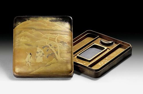 A GOLD LACQUER WRITING BOX (Suzuribako). Japan, 18/19th c. 25x22x5.5 cm. Ink well and suiteki replaced. Minor restorations and damage.