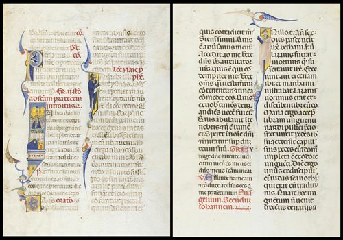 ROMAN BOOK ILLUMINATOR FROM THE LATE 13TH CENTURY. Leaf from a missal with a large historiated initial I with Mary Magdalene anointing the feet of Christ. Vellum. Rome, ca. 1290-1295. 310 x 220 mm. With a further small illuminated initial I with the Prophet Jesaias, verso with an initial I with a tonsured monk Provenance: - Rom, Basilica di Santa Prassede (?). - 2004, Hamburg, Jörn Günther. - 2004, Swiss private collection. - Since 2008 in the current collection. Bibliography: Friedrich G. Zeileis, Più ridon le carte (3.ed.), Rauris 2014, pp. 266-268. Further cited literature: - François Avril, Marie-Therèse Gousset, Bibliothèque Nationale Paris, Manuscrits Enluminés d' origine Italienne, 2, XIII siècle, Paris 1984, p. 135. - William M.Voelkle, Roger S. Wieck, The Bernard Breslauer Collection of Art. Manuscript Illuminations, New York 1992, pp.161-163. The present leaf is part of a dismantled missal, of which three further sister leavess are known to exist. For certain stylistic reasons it is difficult to classify these leaves in art historical terms. There are good reasons to suppose that these missal leaves were executed in Rome around 1290-95, by a workshop of illuminators in the city, perhaps at the beginning of the papacy of Bonifatius VIII (1294).