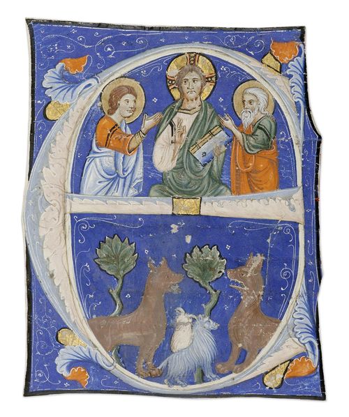 MAESTRO DEI CORALI DI ASSISI, 13TH CENTURY. Initial E from an antiphonary with Christ enthroned, two apostles in adoration and two wolves baring their teeth over two sheep. Vellum. Assisi Umbria ca. 1290-1295. 135 x 100 mm. Provenance: - London, Sam Fogg. - thence in the current collection. Bibliography: - Friedrich G. Zeileis, Più ridon le carte (3.ed.), Rauris 2014, p. 272. Cited literature: - Ada Labriola in: Miklòs Boskovits (ed) Miniature a Brera 1100-1422, Milan 1997, p. 108. - Milvia Bollati, in: Frate Francesco. Tracce, parole, immagini, Milan 2014, pp. 122-127. The present historiated initial is part of a continuous series which has been scattered amongst various collections. The work of this unknown but refined illuminator, as the literature to date has rightly recognised, is reminiscent of the Roman illumination of the late 13th century. A simple codicological analysis may shed some light on the sequence of the individual historiated initials within the series.
