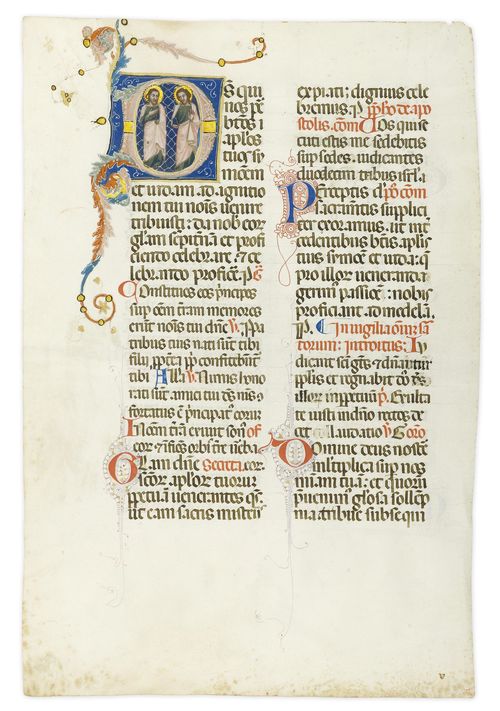 BOOK ILLUMINATOR OF PERUGIA FROM THE EARLY 14TH CENTURY. Leaf from a missal with the initial D and the Apostles Simon and Judas. Vellum. Perugia, ca.1320. 365 x 245 mm. Provenance: - Assisi, San Francesco. - 1871, sold from the collection of the Prince of Liechtenstein. - 1990, Triest, De Polo collection. - 1995, Turin, Pregliasco. - 1997, purchased by the current owner Bibliography: - Marco Assirelli, Emanuela Sesti, La Biblioteca del sacro Convento di Assisi , II, I Libri Miniati del XIII e del XIV secolo, Assisi 1990, pp.161-168. - Pregliasco Libreria Antiquaria, Torino, Kat 69, 1995, S. 3-4, No. 3-5. - Marina Subbioni, La miniatura Perugina del Trecento, Perugia 2003, p. 50. - Friedrich G. Zeileis, Più ridon le carte (3.ed.), Rauris 2014, p. 276. Further cited literature: - Miniatures and Illuminated Leaves from the 12th to the 16th Centuries, Katalog Jörn Günther 6, Hamburg, Hamburg 1995, pp. 76-78. As ever, with Umbrian missals, the text block is divided into two columns. The present leaf, produced circa 1320, from the Libreria Antiquaria Preliasco, together with two further leaves, were in the possession of the Prince of Liechtenstein during the 19th century and were sold from this famous collection in 1871.