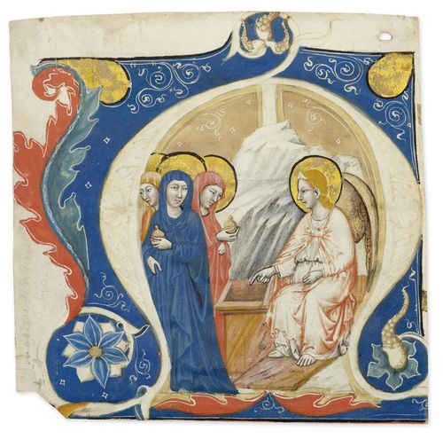 BOOK ILLUMINATOR, FROM THE CIRCLE OF MEO DA SIENA (MASTER OF THE MONTELABATE CROSS?) Historiated initial M with the three Marys at the empty tomb of Christ. Vellum. Perugia, ca. 1320-25. 105 x 110 mm. Provenance: - 1994, London Sam Fogg. - in the current collection since that date. Bibliography: - Gaudenz Freuler, Italian Miniatures from the Twelfth to the Sixteenth Centuries, Milan 2013, p. 624. - Friedrich G. Zeileis, Più ridon le carte (3.ed.), Rauris 2014, p. 280-281 This most delicately painted initial M, with a dainty depiction of the arrival of the three Marys at the empty grave in the centre, opens the third response of the first nocturn for Easter Monday. The hybrid style of this painting leads us to assume that this historiated initial was produced around 1320-25. In the work of this illuminator we witness those elements which enabled a style of illumination with its own identity to emerge in Perugia, and which led to masters such as Vanni di Baldolo and Matteo di Ser Cambio.