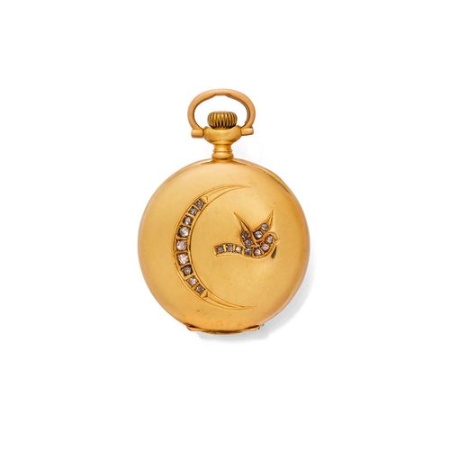 LOT OF 3 SAVONNETTE PENDANT WATCHES, ca. 1900. Yellow gold 585. Savonnette pendant watch Longines, case No. 55380 with fine floral engraving on both sides, unsigned. Enamelled dial with blue Arabic numerals, Louis XV hands, small second, unsigned. Lever escapement No. 1144602 with Breguet spring, bimetallic balance, signed Longines. D 34 mm. 2 savonnette pendant watches signed Waltham, one with a diamond-set dove with crescent moon and monogram on the back, the other with a flower motif and 1 rose-cut diamond. D 35 and 34 mm, respectively.