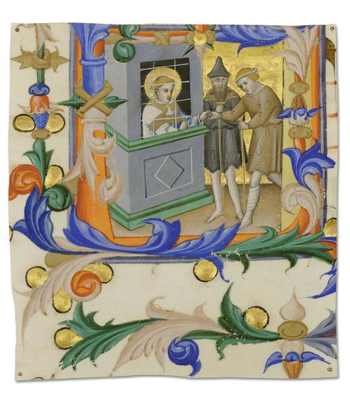 BARTOLO, ANDREA DI (Siena circa 1360 - 1428 ibid.) Fragment of a leaf of an antiphonary with a fragmentary historiated initial L and a depiction of Saint Lawrence in the prison of Hippolytus, dispensing alms to the needy. Vellum. Siena, ca. 1400-05. 171 x 163 mm Provenance: - Siena, San Martino (?). - Since ca. 1830-40, Edinburgh, collection of Lord James Dennistoun of Dennistoun (1805-55). - Thence to a family collection and consequently to the collection of the Bishop of Durham Castle Bishop Auckland (Durham). - Since 1933, Saltwood castle (Kent), collection of Lord Kenneth Clark (1903-1983), Lord of Saltwood Castle. - London Sotheby's 1984, 3 July, lot 91. - 1985, New York, H.P. Kraus. - London art dealer - Since ca.1990 in the current collection. Bibliography: - Gaudenz Freuler, Manifestatori dell cose mircolose. Arte Italiana del 300 e del 400 da collezioni in Svizzera e Liechtenstein (Ausstellungskatalog Lugano, Fondazione Thyssen) Einsiedeln 1991, p. 84. - Gaudenz Freuler in: Ada Labriola, Cristina De Benedictis, Gaudenz Freuler, La miniatura senese.1270-1420, Milan 2002, p. 188-197. - Gaudenz Freuler, Studi recenti sulla miniatura medievale: Emilia, Veneto, Toscana. Appunti su una mostra americana (parte II), in: Arte Cristiana XCII, 2004, pp. 157- 170. - Gaudenz Freuler, Ancora sulla miniatura senese dei secoli XIII-XV. Postille ad un libro (parte I), in: Arte Cristiana, XCVII 2009, pp. 279-289, 232-233. - Gaudenz Freuler, in: L' Arte di Francesco. Capolavori d'Arte Italiana e Terre d'Asia dal XII al XV secolo (Exh. Cat), Florence, Galleria dell'Accademia, 31.3-11.Oct.2015), Florence 2015, pp. 226-233. This leaf fragment from the famous former Dennistoun collection was identified not long ago as the work of the Sienese painter Andrea di Bartolo, who may be regarded as a leading illuminator of the last decade of the 14th century This most finely painted miniature may well be contemporaneous with the choir books made for Henry IV, or from very shortly before then, and reveals the illustrator to be a leading illuminator in Siena at the turn of the 15th century.