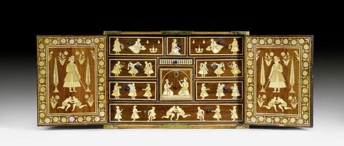 A FINE WOOD TRAVELLING CABINET WITH IVORY INLAYS. India, Sindh or Gujarat, circa 17th century, 61x40x41.5 cm. Some wear and chips.
