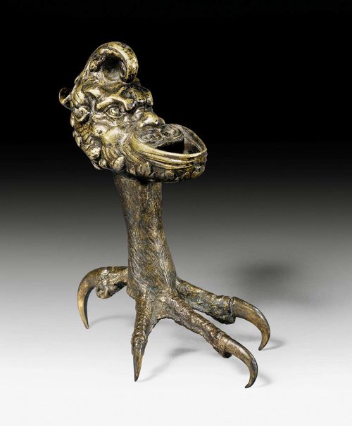 OIL LAMP, Renaissance, Northern Italy, probably Padua, second half of the 16th century. Partly gilt bronze. On an eagle claw. H 20.5 cm. Provenance: Swiss private collection.
