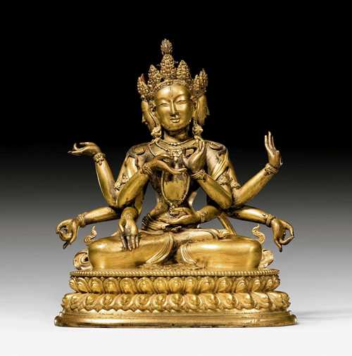 A HEAVY GILT BRONZE FIGURE OF USHNISHAVIJAYA. Tibeto-chinese, 18th c. Height 33 cm. Unsealed. *****This item is subject to special bidding conditions, please let us know if you wish to bid on it*****