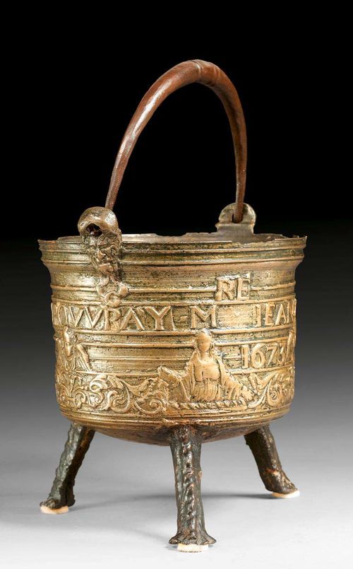 HOLY WATER STOUP, Baroque, France, dated 1673. Brass and iron. The side with the name "Jean Berthau Bourgois D. A. Rouvray" and IHS Christogram. H 17 cm, D 16 cm.