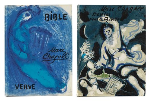 Chagall, Marc - Bible [UND:] Dessins pour la Bible. 2 Bde. Mit 76 (davon 41 farb., inkl. Einbandgestaltung) Original-Lithographien von M. Chagall sowie 201 Tafeln. Paris, Éditions de la Revue Verve, 1956-1960. Fol. Illustr. OPp. mit Cellophan-Umschlag (minimale Gebrauchsspuren).