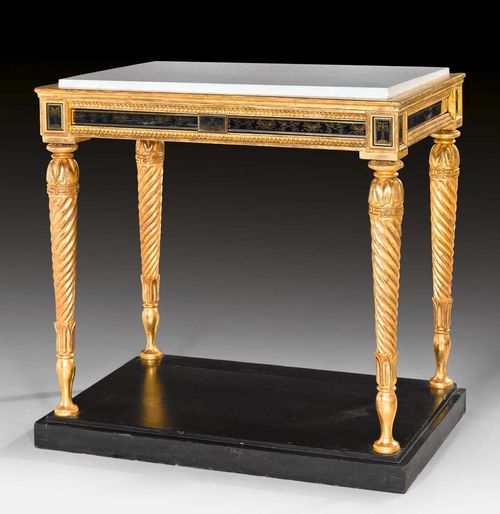 SMALL CENTER TABLE WITH "VERRE EGLOMISE" INLAYS,Louis XVI, Sweden circa 1800/20. Fluted and carved wood with fine "verre eglomise" inlays. Rectangular white/gray speckled marble top and ebonized rectangular base. 82x51x82 cm.