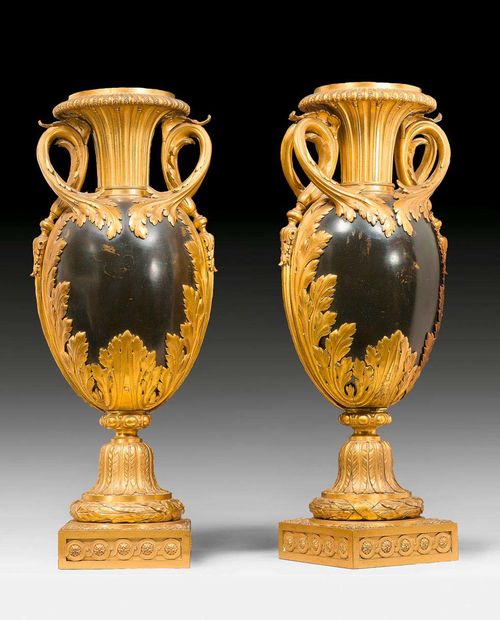 PAIR OF ORNAMENTAL VASES,Louis XVI style, Paris, 19th century. Gilt and burnished bronze.  H 59 cm. Provenance: - Collection of Jacques Arpels, Paris. - From a European collection.