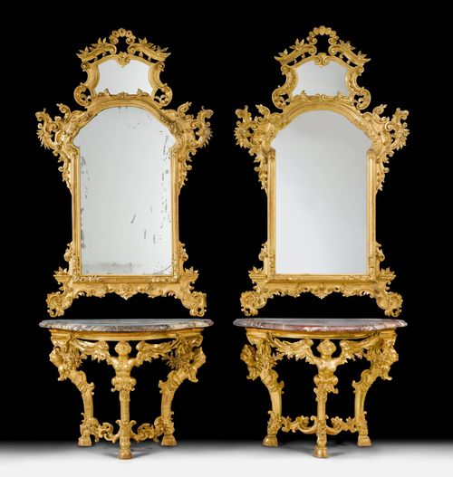PAIR OF CONSOLES "AUX FEMMES AILEES" WITH MIRRORS,