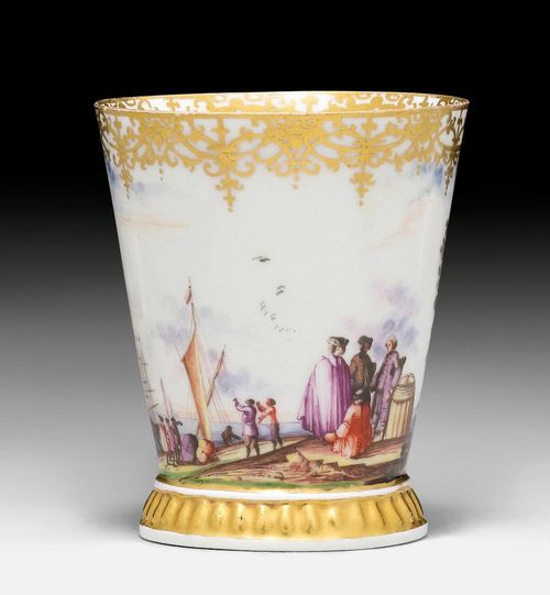 EARLY BEAKER WITH A HARBOUR SCENE,