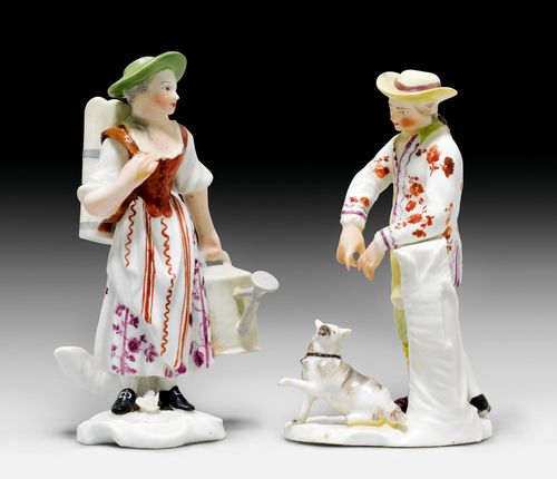 PAIR OF SMALL FIGURES: A SHEPHERD AND A FEMALE GARDENER,