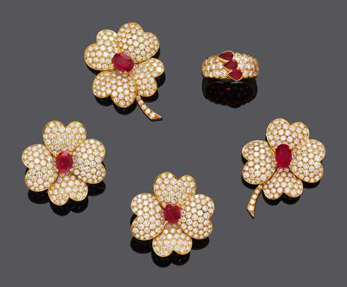 TWO RUBY AND DIAMOND FLOWER BROOCHES,  EARCLIPS,  BY VAN CLEEF & ARPELS AND RING FROM GÉRARD.