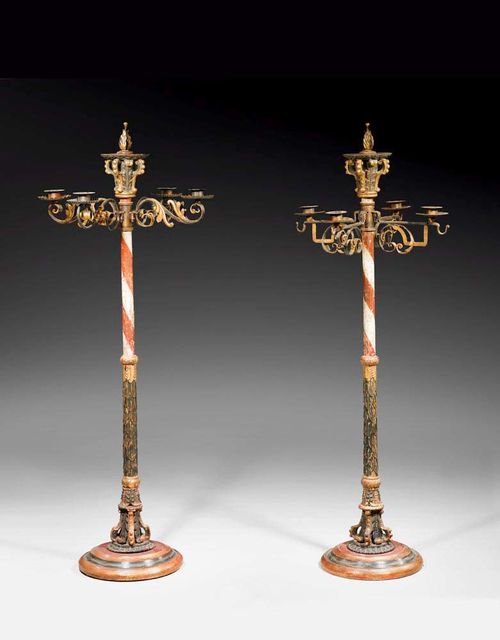 PAIR OF POLYCHROME PAINTED WOODEN LIGHTS,Renaissance style, German, 19th century Carved and painted. With 4 shaped iron light branches. Each slightly different. H 162 cm.
