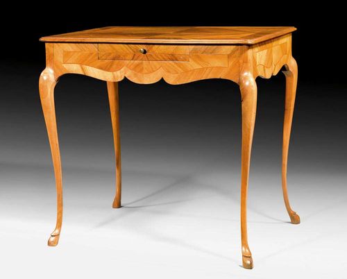 SIDE TABLE,Louis XV, Bern, 18./19th century Walnut and cherry veneer inlaid with reserves and fillets. With 1 drawer at the front and bronze knob. 76x54x71 cm.