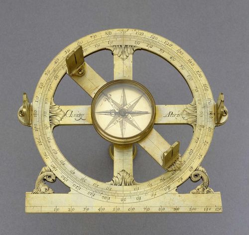 A HOLLAND CIRCLE, France, 18th c. Sign. CHOIZY A PARIS. Engraved brass and with 2 openwork dolphins. Base with central compass, windrose and directions (needle lost) and 2 sights. Rotating alidade with another 2 sights. Ball-and-socket joint. D 12 cm.
