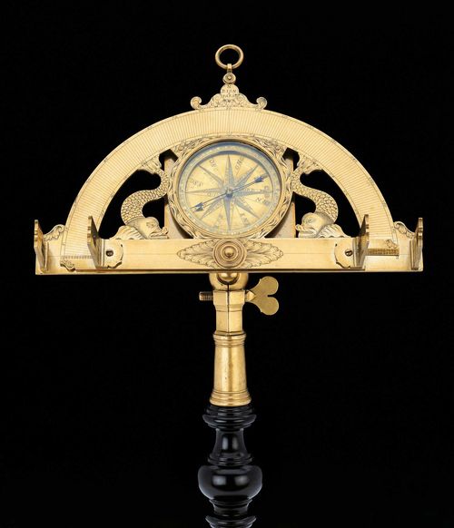 A FINELY ENGRAVED BRASS GRAPHOMETER,  circa 1690. Sign. N. BION À PARIS. The protractor engraved with 2 grade scales 0-180. Central compass box with wind rose, directions, blued-steel needle and graduated around the edge. Base and alidades with upright sights, ball for ball-and-socket mounting, H 28 cm.