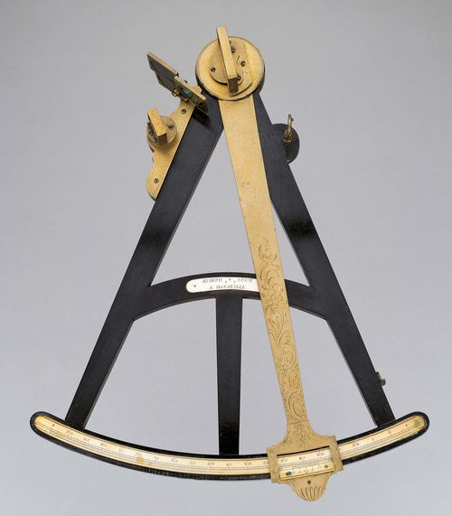 A HADLEY OCTANT, France, late 18th c. Sign. JOSEPH ROUX A MARSEILLE. Ebony, brass and bone. L 46 cm.