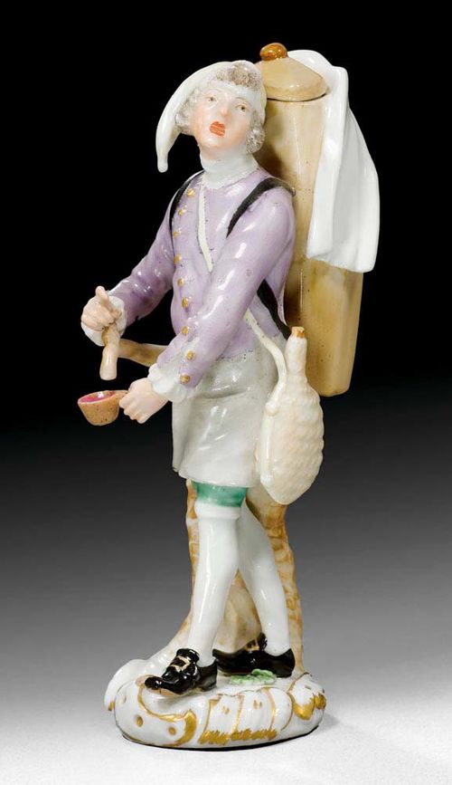IPTISANEN HÄNDLER' LICORICE WATER SELLER, Meissen, second half of the 18th century Modelled after the "Cris de Paris" figures by Peter Reinicke from 1753/54. Underglaze blue sword mark on the back. Painter's mark on the base. H 14cm. Restored.
