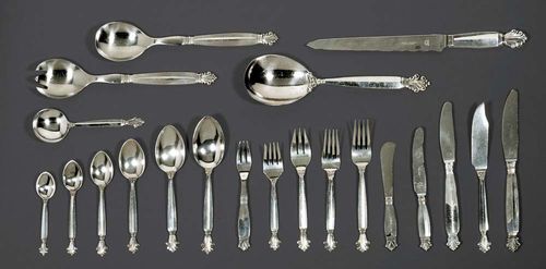 CUTLERY SET. Denmark, 1st half of the 20th century.Maker's mark Georg Jensen. Acanthus. Comprising: 6 soup spoons, 6 forks, 6 knives, 6 dessert spoons, 6 dessert forks, 6 dessert knives, 6 tea spoons (large), 6 tea spoons (small), 6 coffee spoons, 6 mocha spoons, 6 cake forks, 6 butter knives, 6 cream spoons, 6 fish forks, 6 fish knives, 6 fruit forks, 6 fruit knives, 1 bread knife, 1 set of salad serving cutlery, 1 vegetable serving spoon. A total of 106 items.