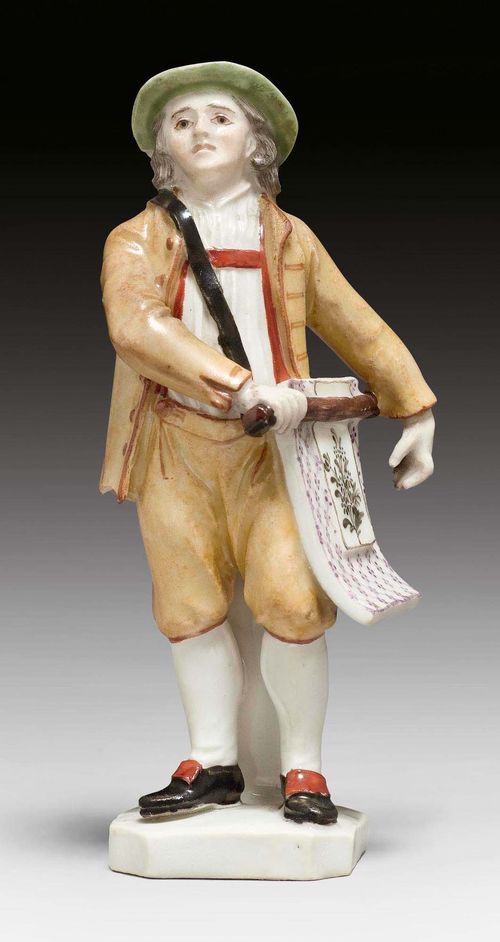 SMALL FIGURE OF A STREET VENDOR SELLING ENGRAVINGS, ZURICH, MODEL CIRCA 1768-70.Form missing. Traces of an underglaze blue mark Z. H 9.5 cm. Provenance: Galerie Koller, Zurich, 18 May 1977, No. 2657. Comparable pieces: Ducret II, ill.324; Boesch 2003, vol.1, p.426 table 106b; HMSG 2009, p.31.