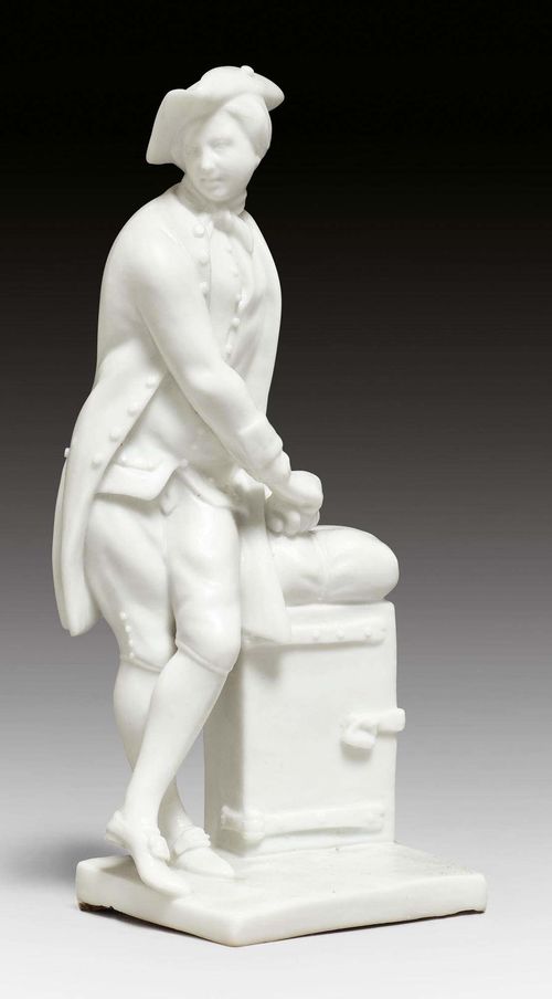 SMALL STREET VENDOR FIGURE OF A MERCHANT, ZURICH, CIRCA 1770.Form 167. Soft paste. After a Niderviller model by Cyrrle from 1770. Impressed mark K 2. H 10 cm. Comparable pieces: Ducret II, ill. 163 ; Schnyder von Wartensee 1975, No. 149.