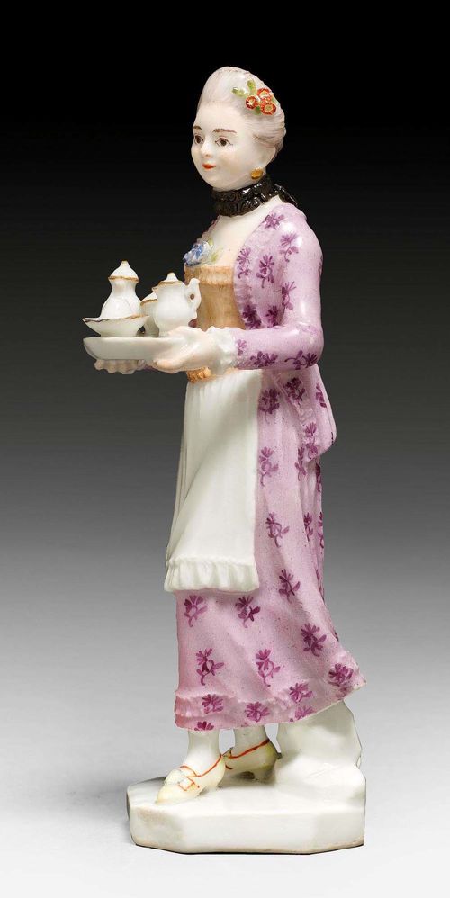 RARE FIGURE OF A HANDMAID, ZURICH, MODEL CIRCA 1770.Form 145. Model probably by Wilhelm Spengler. H 13.8 cm. Provenance: Sotheby's London, 9 June 1993. Comparable piece: Ducret II ill. 328.