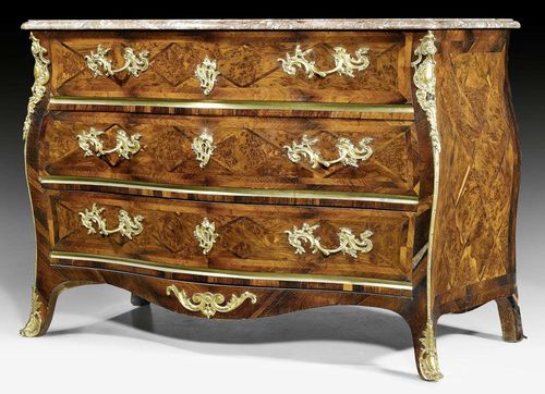 COMMODE,Louis XV, by M. FUNK (Mathaus Funk, 1697-1783), Bern circa 1745/55. Rosewood, amaranth, walnut and burlwood in veneer, inlaid with lozenge pattern and reserves. Front with 3 drawers with brass traverse. Gilt bronze mounts and sabots. Drawer interior lined with "Herrenhuter" paper. Shaped "Oberhasli" top. 113x63x91 cm.