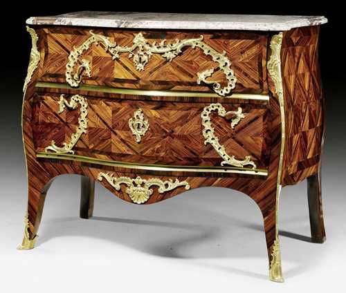 COMMODE,Louis XV, by M. FUNK (Mathaus Funk, 1697-1783), Bern circa 1760. Amaranth and purpleheart in veneer, exceptionally finely inlaid with lozenge pattern and frieze. Front with 2 drawers with brass traverse. Interior lined with "Herrenhuter" paste paper. Exceptionally fine, matte and polished gilt bronze mounts and sabots. Shaped "Marbre de Beix" top. 92x53x87 cm.