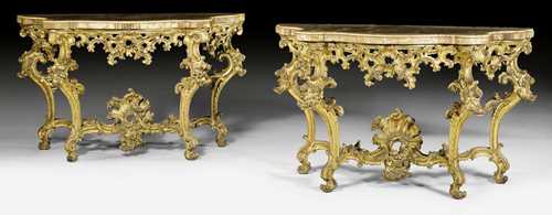 PAIR OF CONSOLES,Louis XV, Rome, 18th/19th century. Pierced and exceptionally richly carved gilt wood. Inlaid "Diaspro" and "Giallo di Siena" top. Chips and some losses. Slightly different. 156x65x96 cm.