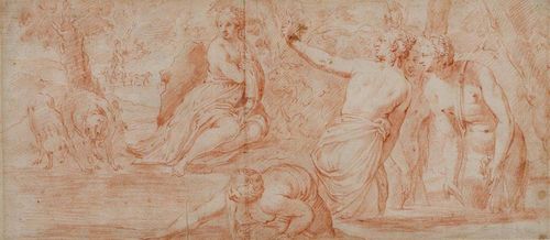 VENETIAN, 17TH CENTURY Landscape with bathing women and Diana hunting. Red chalk drawing. Verso old attribution to Paul Veronese. 20 x 43.5 cm. Framed. Provenance: - collection of  H.W. Campe (1770-1862), Leipzig, Lugt 1391 - barely legibile collector's stamp (Nationalbibliothek Vienna?, Lugt 1259)