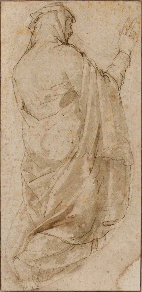 BEZZI, GIOVANNI FRANCESCO called IL NOSADELLA (1550 Bologna 1571), attributed Male figure kneeling, wearing a cloak, seen from behind. Brown pen with brown wash. Verso old inscription: dessin de Veronèse. 24.5 x 10 cm (irregularly cut).