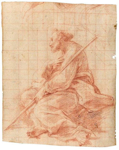 BATONI, POMPEO GIROLAMO (Lucca 1708 - 1787 Rome) Study for Saint Joseph at the crib. Red chalk, squared in red chalk. 19.1 x 15.4 cm. Provenance: - collection of Prof. Dr. Clark Easton, Virginia U.S. - Private collection, Switzerland Literature: Anthony M. Clark, Pompeo Batoni, A complete catalogue of his works with an introductory text, New York 1985, No. 120, ill. 115, p.242