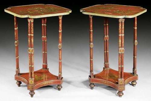 PAIR OF SMALL LACQUER TABLES,Regency, England, late 19th century. Wood lacquered on all sides in "gout japonais". Top edged in brass.1 top with crack. 52x52x77 cm.