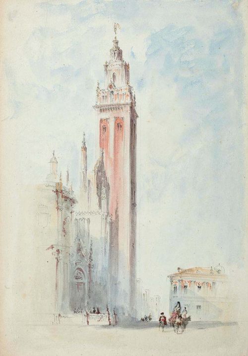 BOSSOLI, CARLO (Lugano 1815 - 1884 Turin) Study for 'Giralda' in the Cathedral of Santa Maria de la Sede in Seville, circa 1851. Pen in grey with watercolour. Verso studies of a group of seated figures with rider and a group of people with sheep and dogs. 29.5 x 21.5 cm. Provenance: - collection of  Maccagno, Turin - collection of  Dr. Noemi Gabrielli, Turin - Swiss private collection(since 1976)