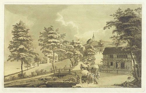 HERRLIBERG.-Johann Jakob Aschmann (1747-1809). Prosp. der Kirche Herrliberg am Zürichsee n.d.N. No.9 J. Aschman fec. Etching with brown-grey wash. 18.1 x 29.4 cm. - Very attractive sheet with full margin. Almost untouched condition. - From the collection of Hans Jakob Zwicky, Thalwil.