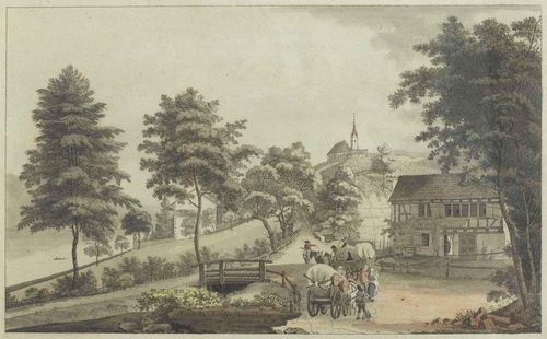 HERRLIBERG.-Johann Jakob Aschmann (1747-1809). Prosp. der Kirche Herrliberg am Zürichsee n.d.N. J. Aschmann fec. No.9. Etching with grey-brown wash and watercolour. 18.2 x 29.2 cm. With engraved title and signature in the centre bottom of the image. Gold frame. - Broad lower margin with a few scattered spots of foxing. Otherwise in fresh and attractive condition. - From the collection of Hans Jakob Zwicky, Thalwil.